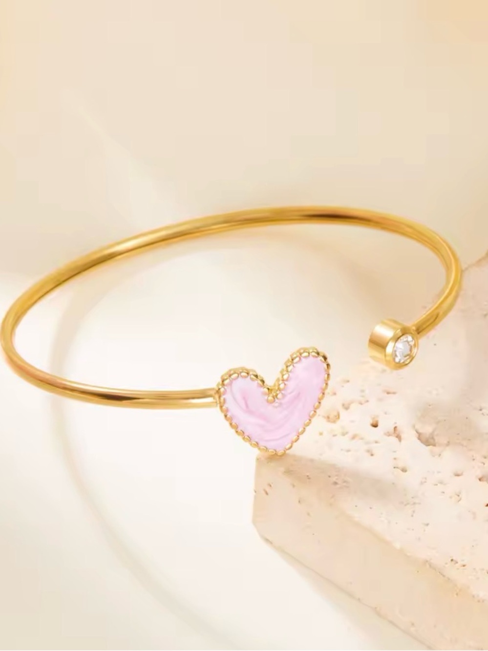 Gold-Plated Pink Heart Open Bangle Bracelet